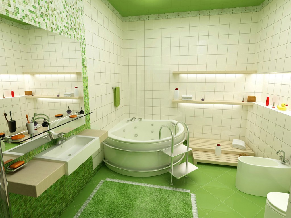 Ευρύχωρο λευκό και πράσινο μπάνιο