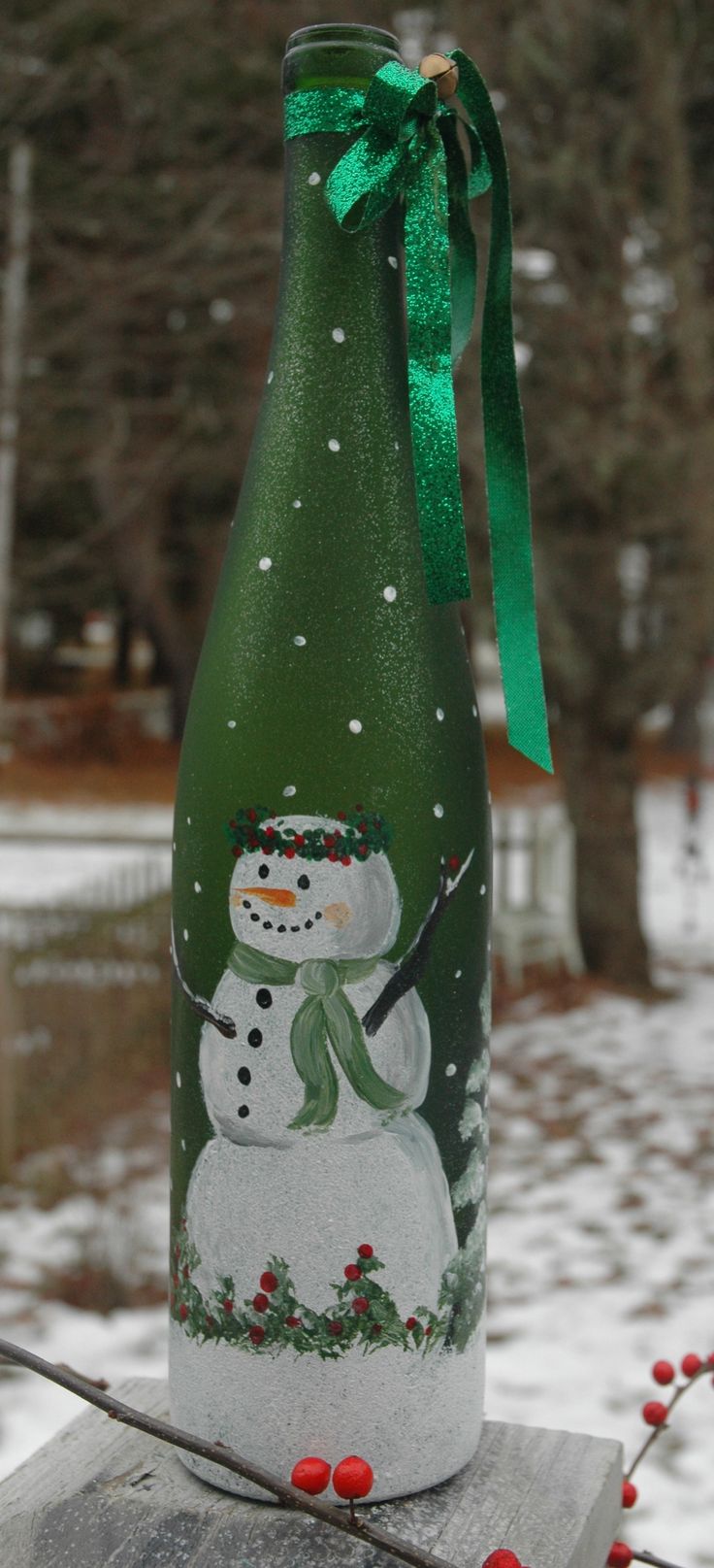 Μπουκάλι σαμπάνιας Decoupage για νέο έτος με έναν χιονάνθρωπο