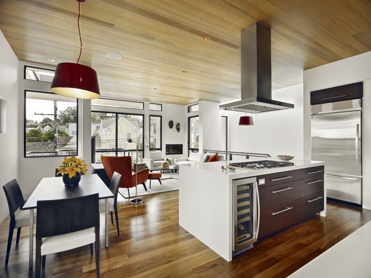 Stue kjøkken design med tregulv