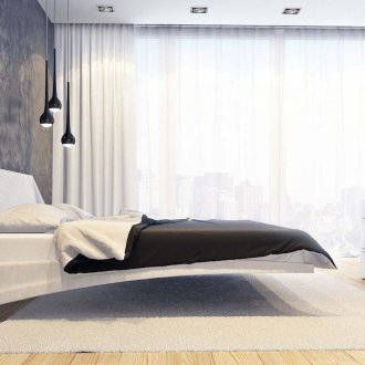 Minimalist bir yatak odasında alışılmadık yatak