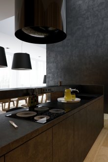 Cocina beige y negra en el estilo del minimalismo.