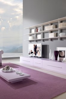 Cores bege, rosa e cinza na sala de estar em estilo minimalista.