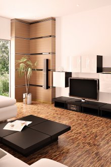 Interior minimalista da sala de estar branco e marrom