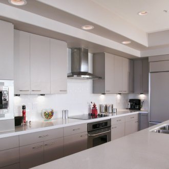 Art Nouveau gray and white kitchen