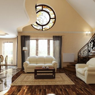 Beige, white and brown in the combined living room in the French style