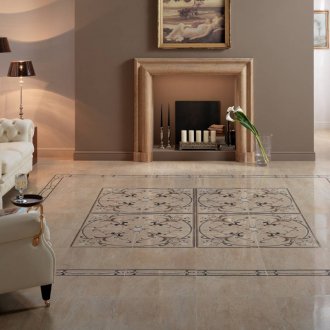 Beige furniture in the living room with a French-style fireplace