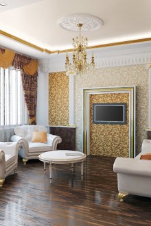 Cores brancas, douradas e marrons na sala de estar em estilo clássico