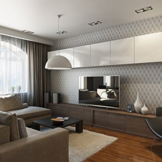 Cozy modern living room in brown tones.