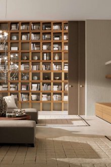 Unusual modern living room with sliding doors.
