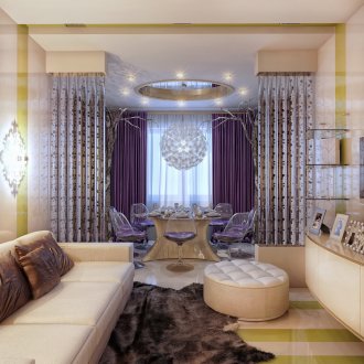 Modern living room-kitchen in beige and lilac colors