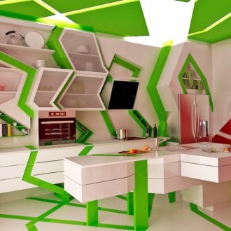 Colori bianchi, verdi e rossi all'interno della cucina in stile kitsch.
