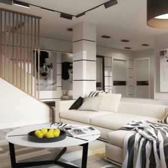 Siyah ve beyaz duvarlar modern tarzı oturma odasında