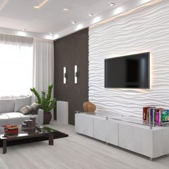 Modern tarz oturma odasında beyaz katmanlı tavan