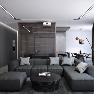 Interior negro y gris al estilo del constructivismo.