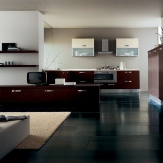 Colores negro, marrón y blanco en el interior al estilo del constructivismo.