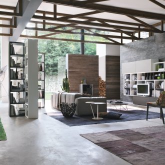 Interior marrón-gris en el estilo del constructivismo.