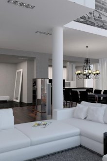 Araña de luces y focos en la sala de estar-cocina al estilo del constructivismo.