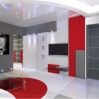 Colores rojo, gris y blanco en la sala de estar al estilo del constructivismo.