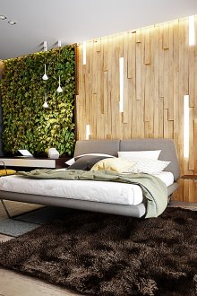 Bilik tidur bergaya eko dengan tumbuhan kayu dan hidup