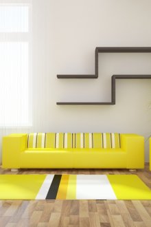 Cores brancas, pretas e amarelas no interior da sala de estar