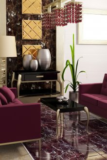 Cores Borgonha, branco e dourado no interior da sala de estar