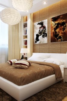 Beige, white and brown colors in the bedroom interior.