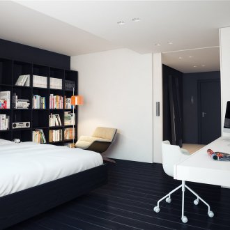 Cozy black and white bedroom with a workplace