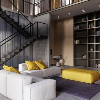 Beyaz ve sarı loft tarzı oturma odası mobilya