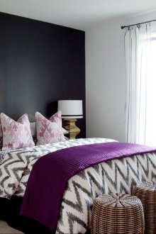 Black and white bedroom with lilac accents