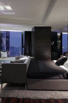 Black and white art deco bedroom-living room