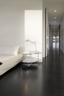 Large black and white bedroom in the style of minimalism
