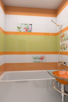 צבעי כתום, ירוק, שחור ולבן בחלק הפנימי של חדר האמבטיה