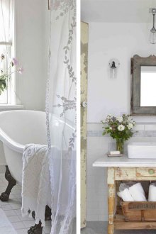 Shabby chic tarzı banyoda beyaz şeffaf perdeler