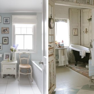 Shabby chic tarzında banyoda Roma beyaz perdeler
