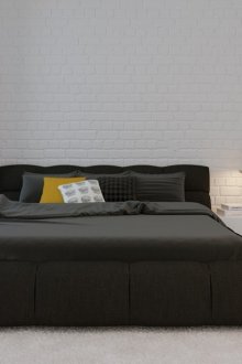 Katil kelabu di bilik tidur putih dengan gaya minimalis