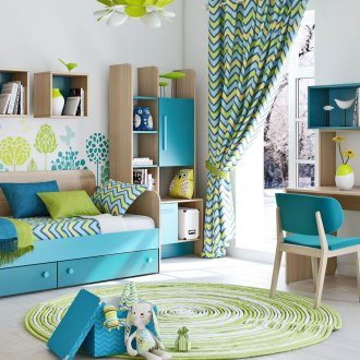 Light green and turquoise bedspreads in the nursery