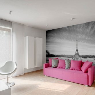 Minimalist bir oturma odasında pembe kanepe