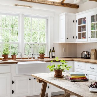 White and brown country kitchen interior