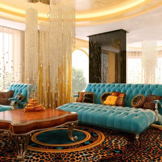 Cores marrom, amarelo e turquesa em uma luxuosa sala de estar.