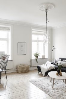 Siyah ve beyaz Norveç tarzı oturma odası