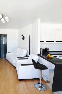 Siyah ve beyaz salon-mutfak