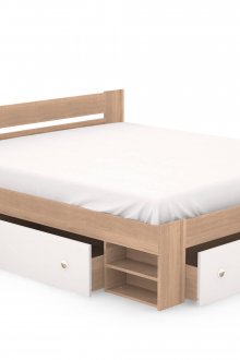 Beyaz ve kahverengi minimalist çekmeceli yatak