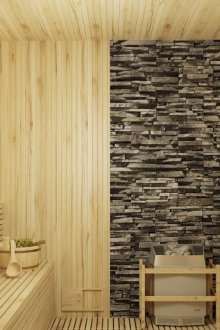 Finir le sauna avec du bois et de la pierre