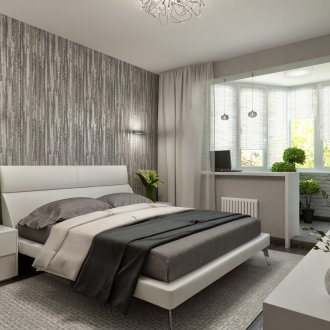 Gray and white bedroom combined with a balcony