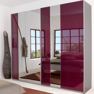 Gray-pink glossy sliding wardrobe with mirror inserts