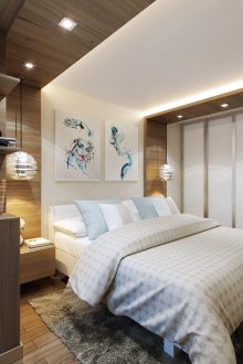 Accents bleus dans une chambre marron et blanche