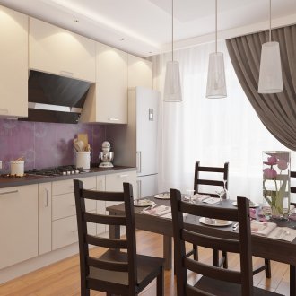 Brown dan dapur beige dengan aksen ungu