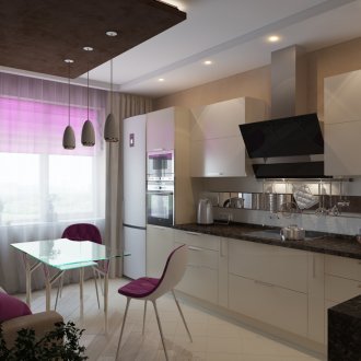 Dapur hitam dan putih dengan aksen merah jambu