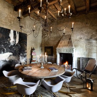 Shod chandelier in the interior of the dining room-living room