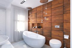 Ξύλινο τοίχο και λευκό μωσαϊκό στο σχεδιασμό των τοίχων του μπάνιου